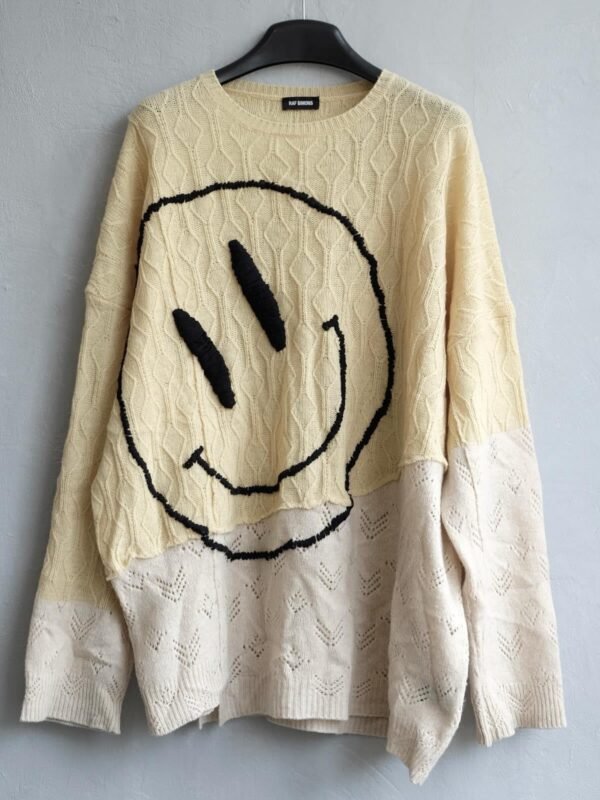 Raf Simons Yellow and Beige Oversized Merino Smiley Collage Sweater