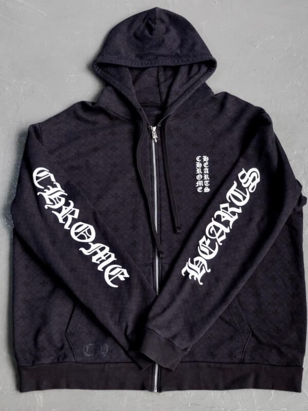 Chrome Hearts Black & White Script Jacquard Print Zip Up Hoodie